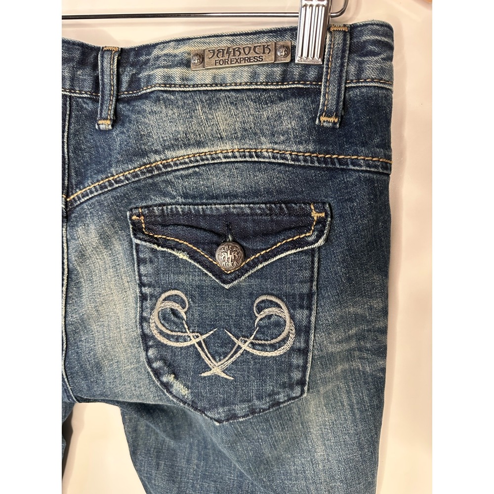 New ReRock x Express Y2K Low Rise Capri Jeans Size 10 Blue Embroider Flap Pocket - Picture 8 of 16